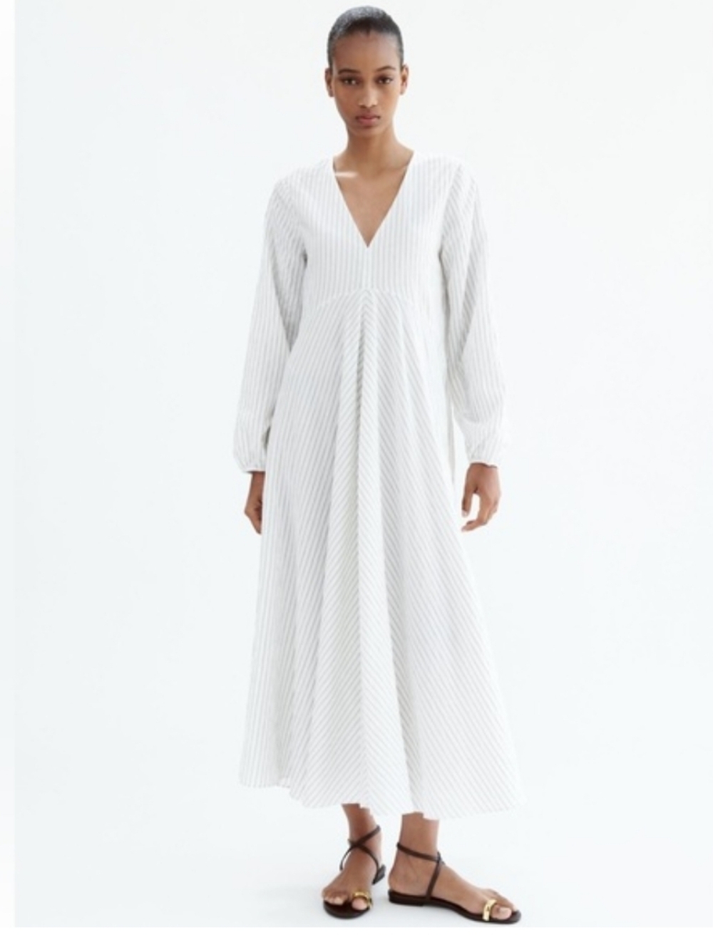 ZARA OYSTER WHITE LONG STRIPED BALLOON SLEEVES DRESS WITH SIDE POCKETS XS